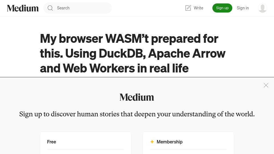 Screenshot of motifanalytics.medium.com: My Browser WASM't Prepared for This. Using DuckDB, Apache Arrow and Web Workers