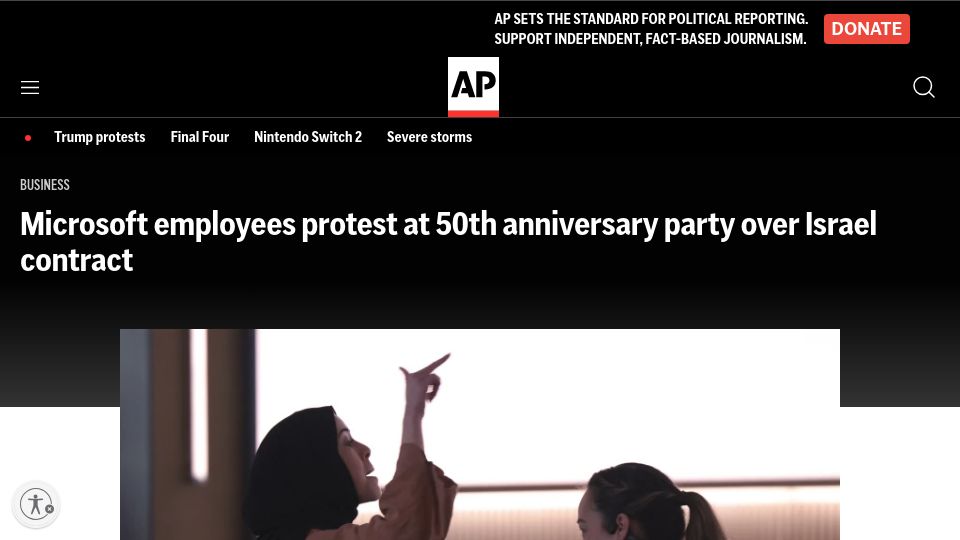 Screenshot of apnews.com: Microsoft employees protest at 50th anniversary party over Israel contract