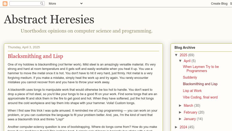 Screenshot of funcall.blogspot.com: Blacksmithing and Lisp