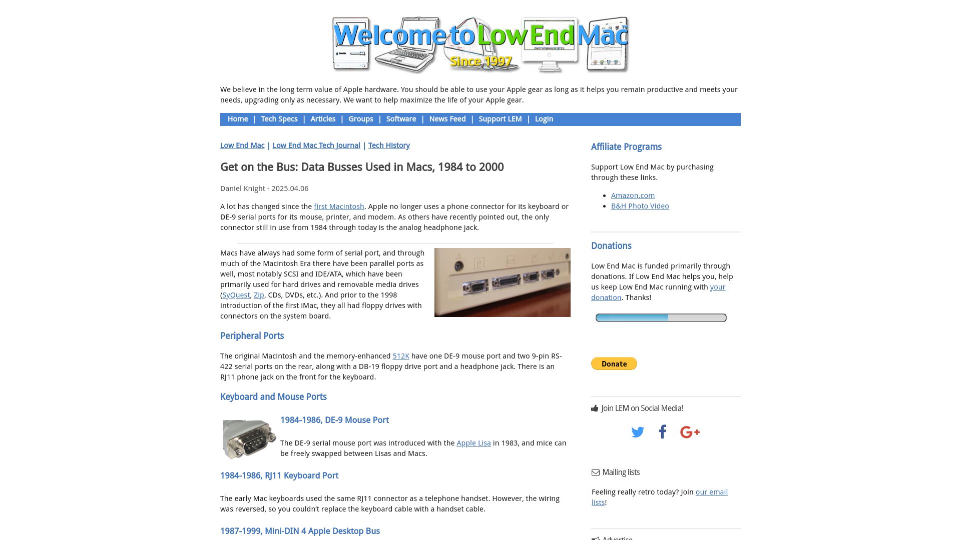 Screenshot of lowendmac.com: Get on the Bus: Data Busses Used in Macs, 1984 to 2000 – Low End Mac
