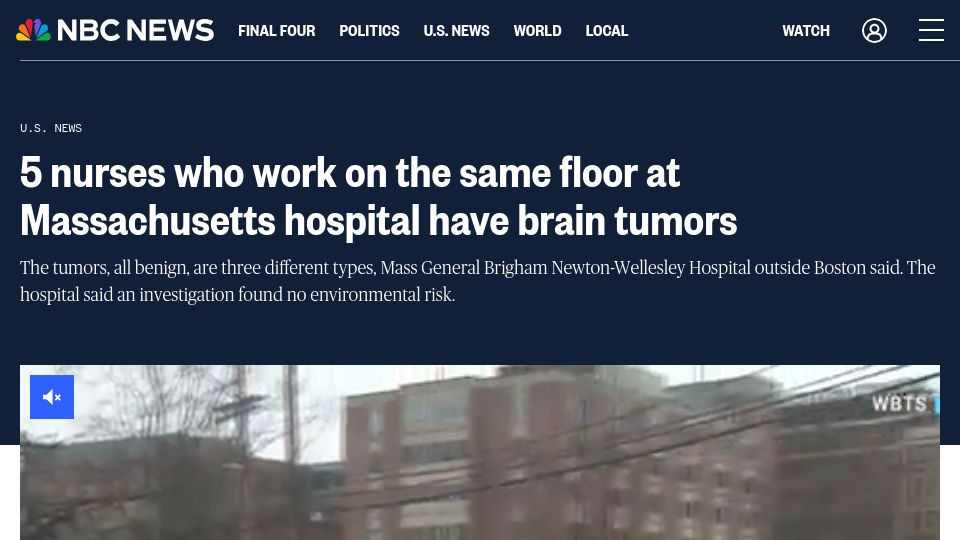 Screenshot of nbcnews.com: Five Nurses who work on the same floor at hospital have brain tumors