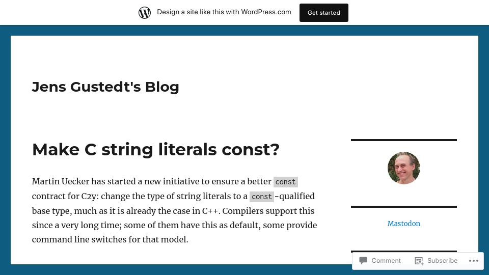 Screenshot of gustedt.wordpress.com: Make C string literals const?