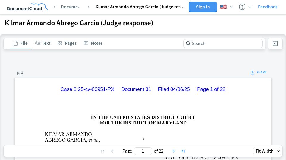 Screenshot of documentcloud.org: Kilmar Garcia et al. vs. US Department of Homeland Security et al.
