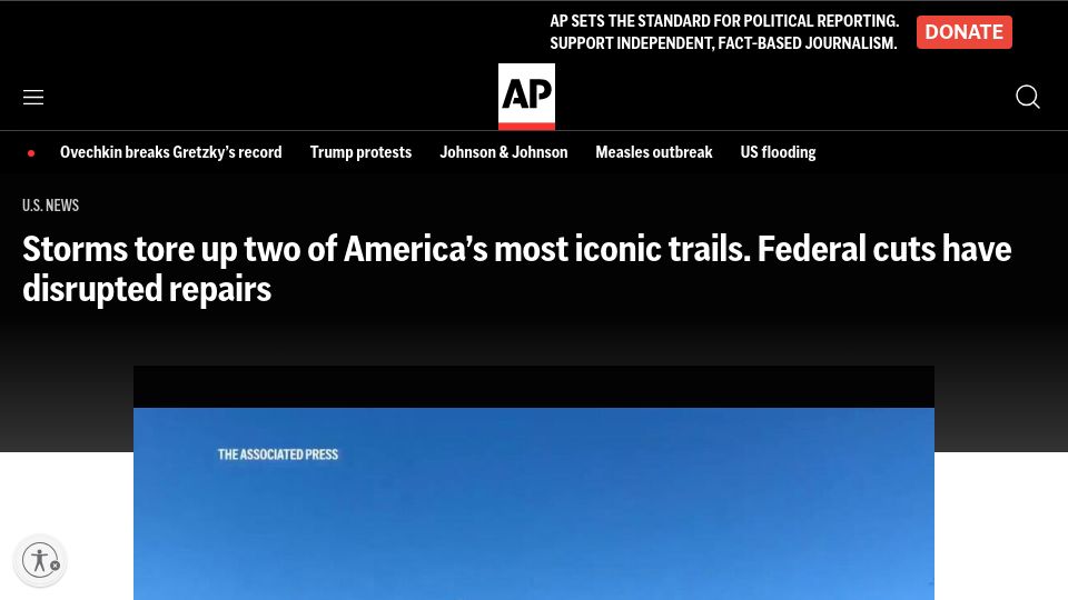 Screenshot of apnews.com: Federal cuts disrupt repairs to iconic U.S. trails