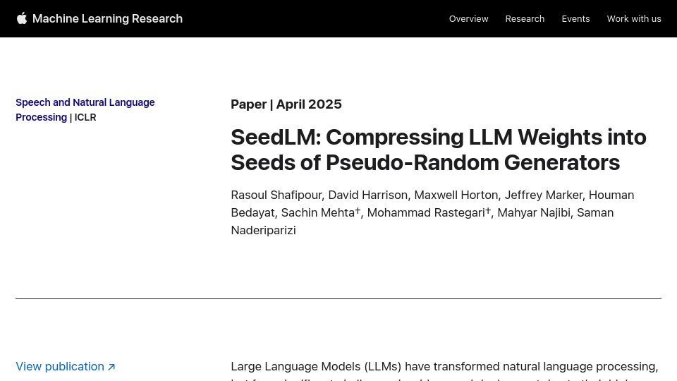 Screenshot of machinelearning.apple.com: SeedLM: Compressing LLM Weights into Seeds of Pseudo-Random Generators
