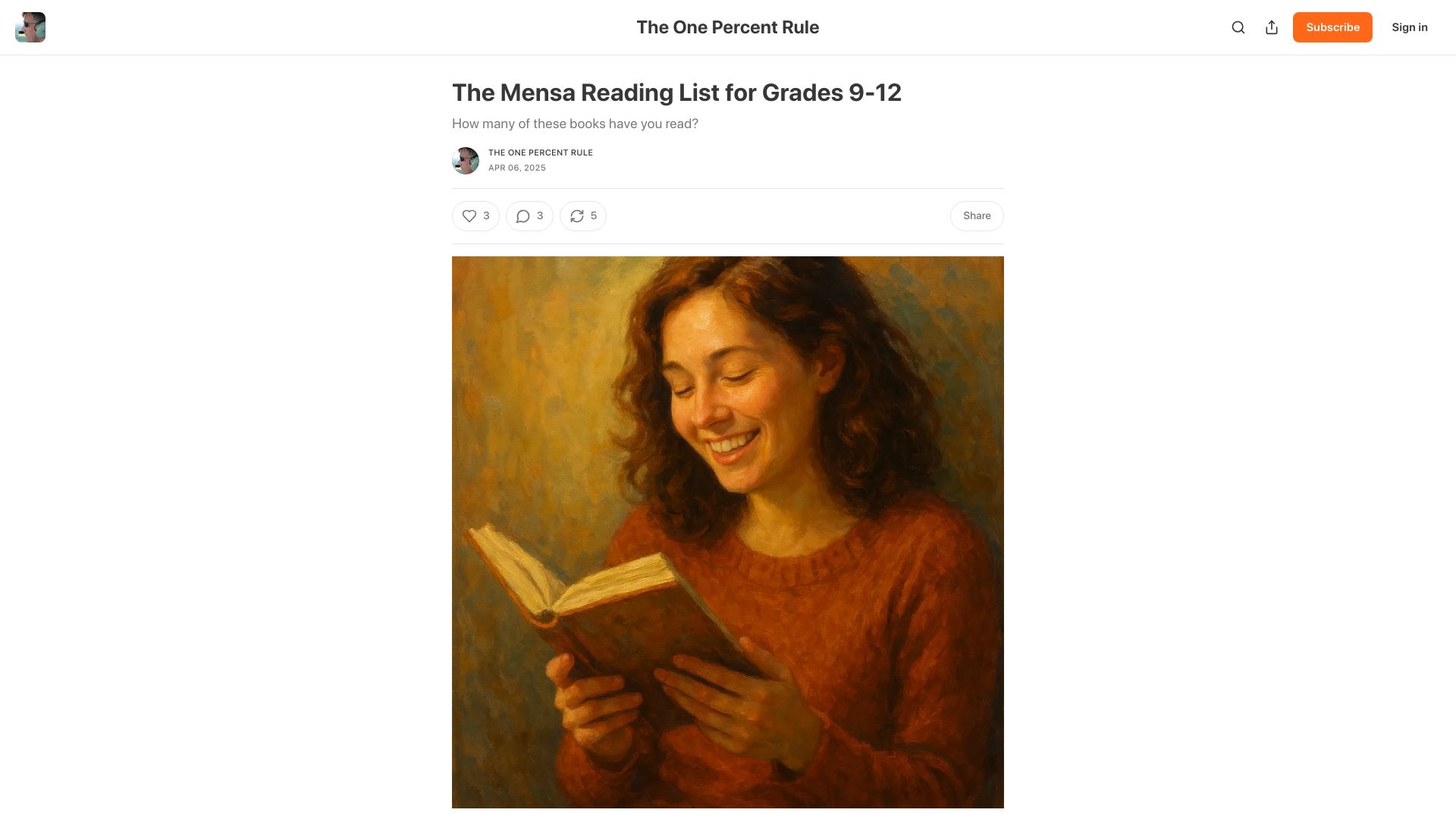Screenshot of onepercentrule.substack.com: The Mensa Reading List for Grades 9-12