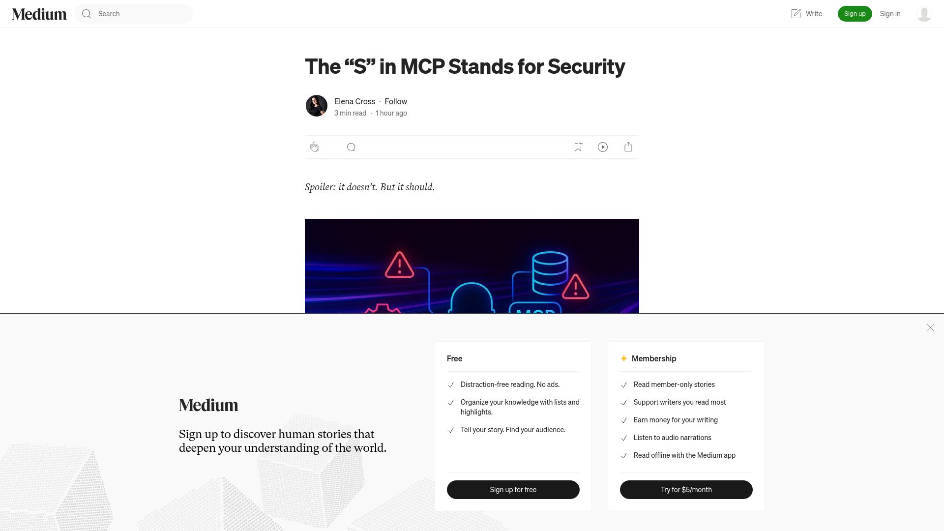 Screenshot of elenacross7.medium.com: The “S” in MCP Stands for Security