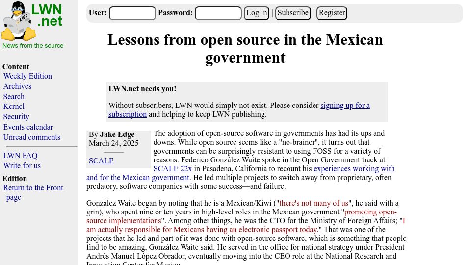 Screenshot of lwn.net: Lessons from open source in the Mexican government