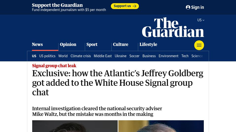 Screenshot of theguardian.com: How the Atlantic's Jeffrey Goldberg Got Added to the White House Signal Chat