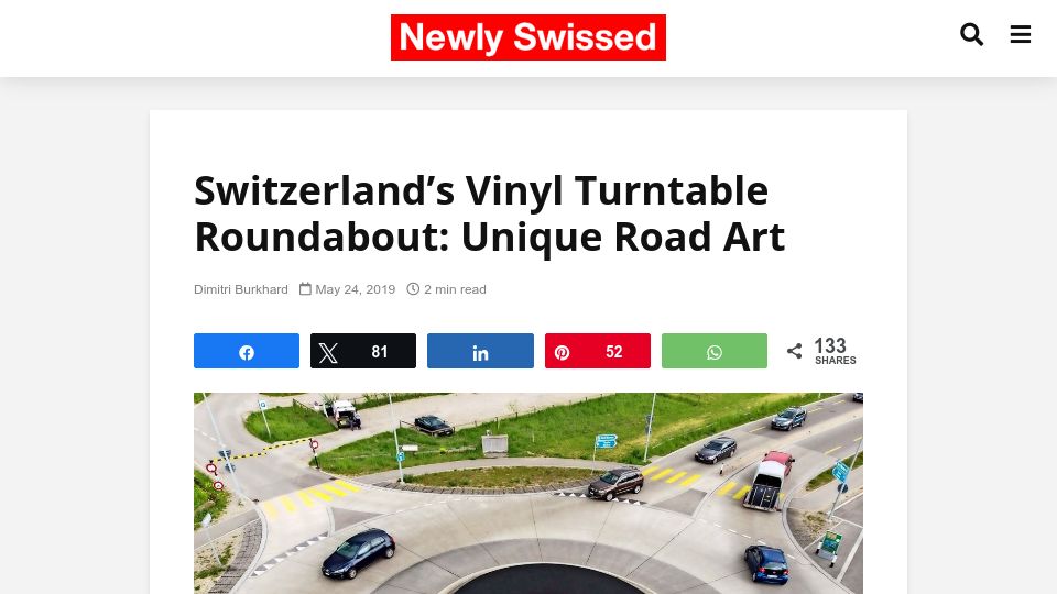 Screenshot of newlyswissed.com: Switzerland's vinyl turntable roundabout: Unique road art (2019)