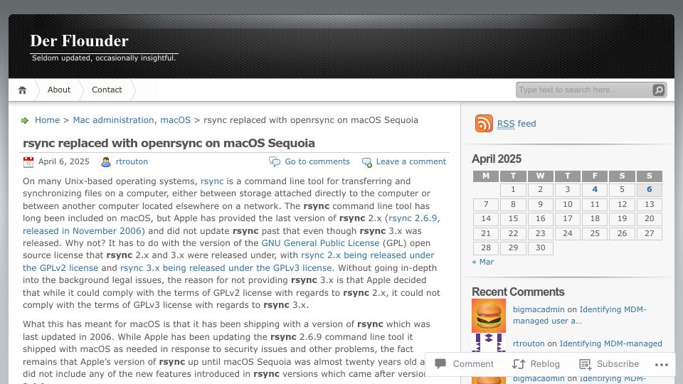 Screenshot of derflounder.wordpress.com: Rsync replaced with openrsync on macOS Sequoia