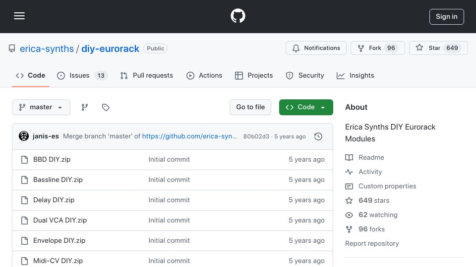 Screenshot of github.com: Erica Synths DIY Eurorack Modules