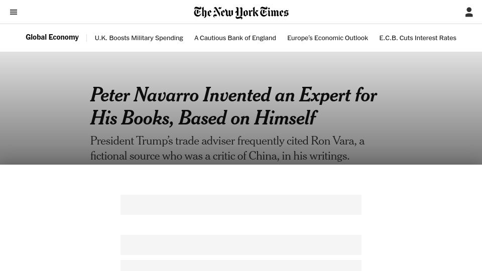 Screenshot of nytimes.com: Peter Navarro Invented an Expert for His Books, Based on Himself (2019)