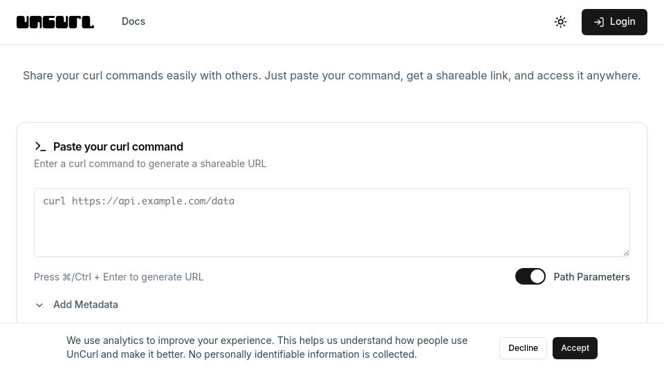 Screenshot of uncurl.dev: Show HN: Uncurl.dev – Convert curl commands to a shareable, executable UI