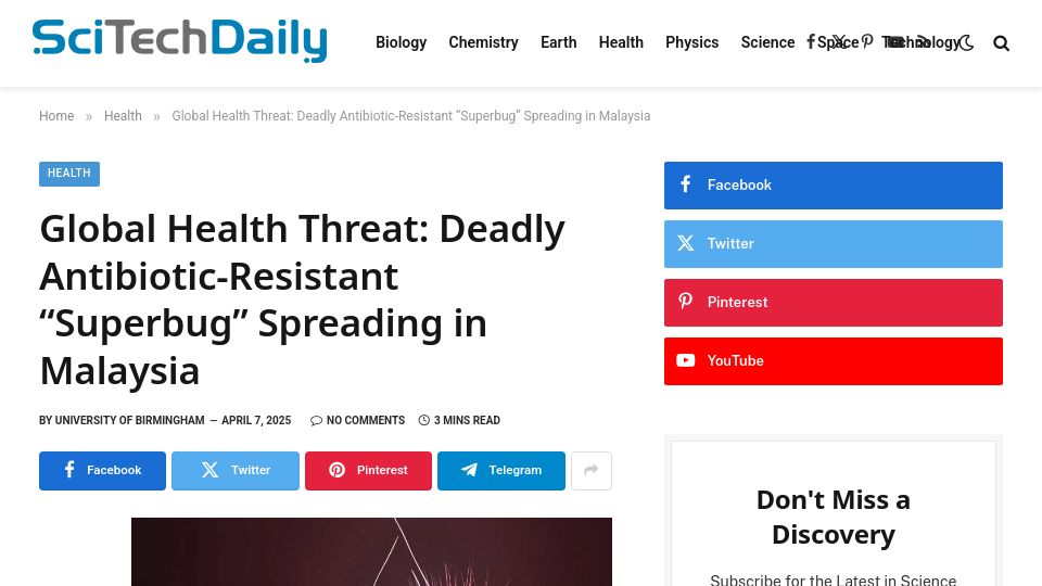 Screenshot of scitechdaily.com: Global Health Threat: Antibiotic-Resistant "Superbug" Spreading in Malaysia