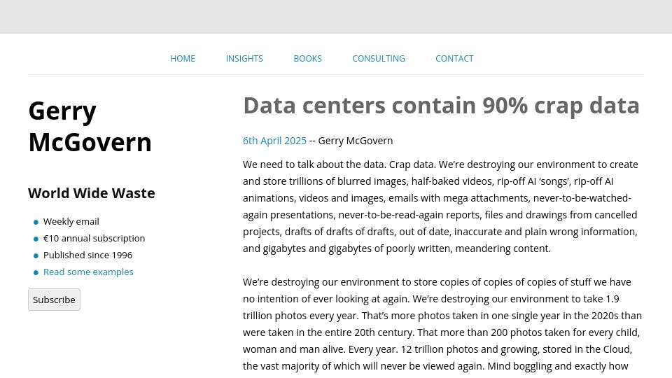 Screenshot of gerrymcgovern.com: Data centers contain 90% crap data