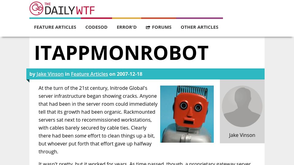 Screenshot of thedailywtf.com: Classic HN: ITAPPMONROBOT