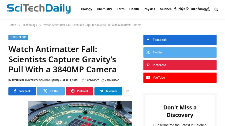 Screenshot of scitechdaily.com: Watch Antimatter Fall: Scientists Capture Gravity's Pull with a 3840MP Camera