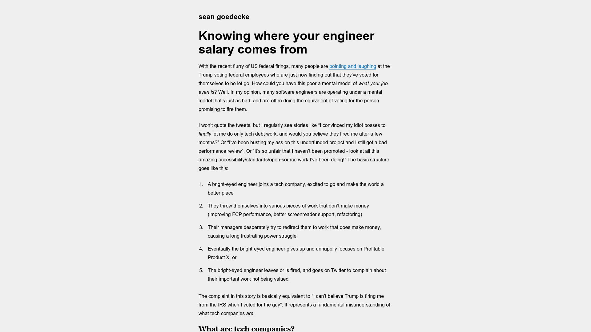 Screenshot of seangoedecke.com: Knowing where your engineer salary comes from