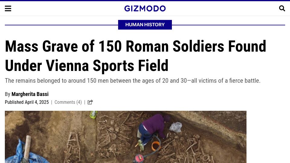 Screenshot of gizmodo.com: Mass grave of Roman soldiers found under Vienna sports field