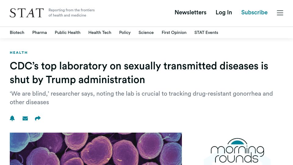 Screenshot of statnews.com: CDC's top laboratory on STDs is shut by Trump administration