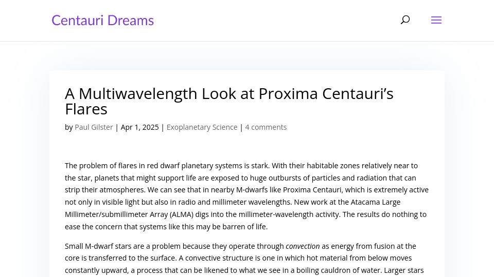 Screenshot of centauri-dreams.org: A Multiwavelength Look at Proxima Centauri's Flares