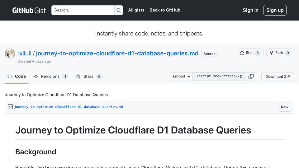 Screenshot of gist.github.com: Journey to Optimize Cloudflare D1 Database Queries