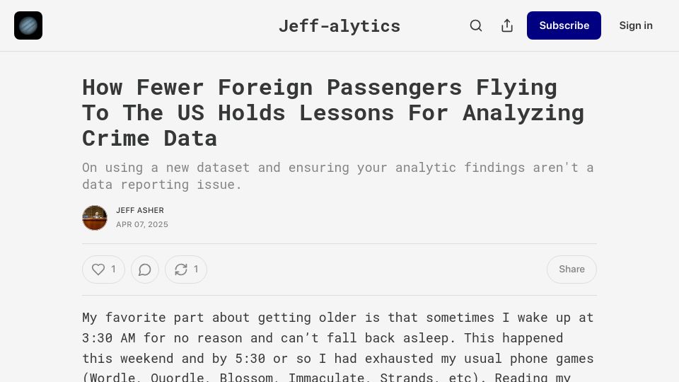 Screenshot of jasher.substack.com: Fewer Foreign Passengers Are Flying to the US