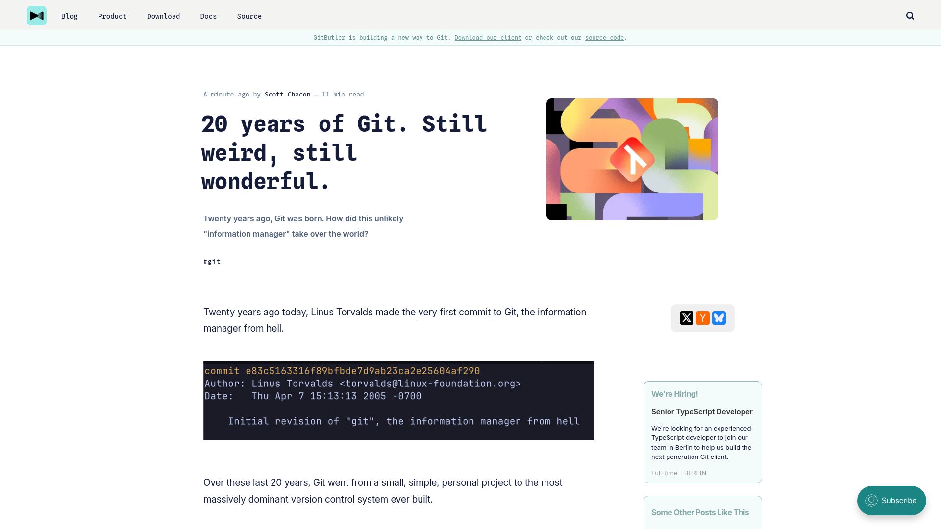 Screenshot of blog.gitbutler.com: 20 years of Git