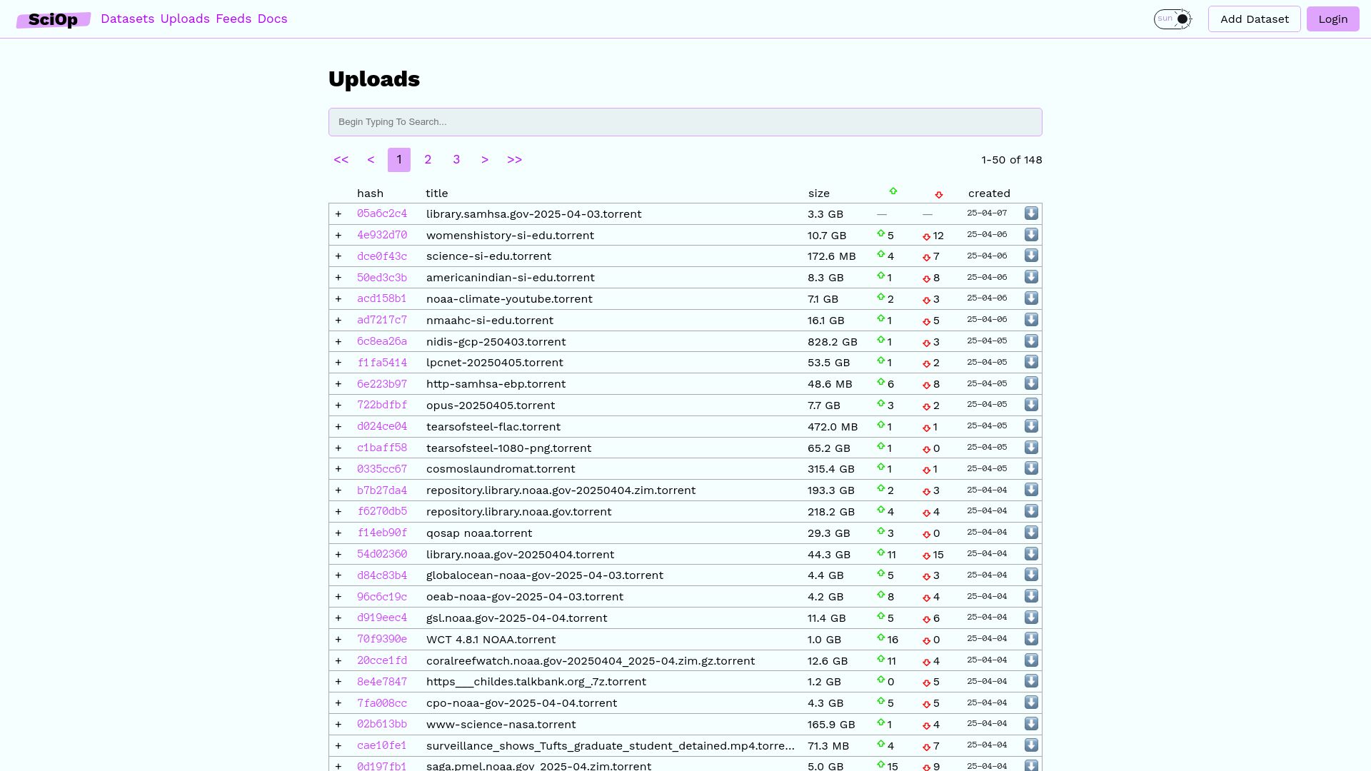 Screenshot of sciop.net: SciOp torrents: download, seed erased US Gov sites and datasets