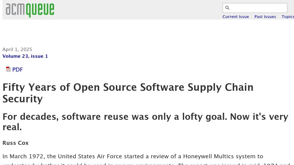 Screenshot of queue.acm.org: Fifty Years of Open Source Software Supply Chain Security