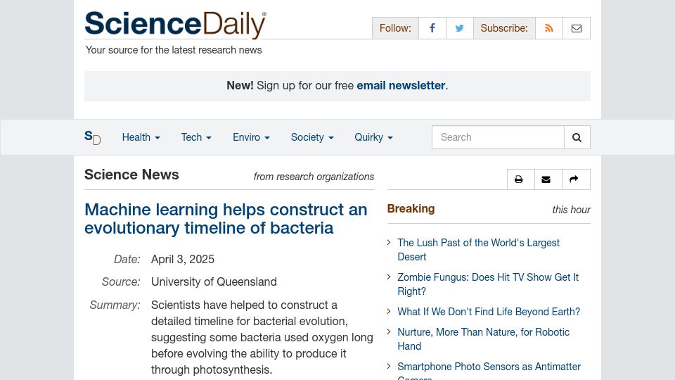 Screenshot of sciencedaily.com: Machine learning helps construct an evolutionary timeline of bacteria