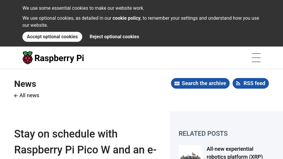 Screenshot of raspberrypi.com: Stay on schedule with Raspberry Pi Pico W and an e-ink dashboard