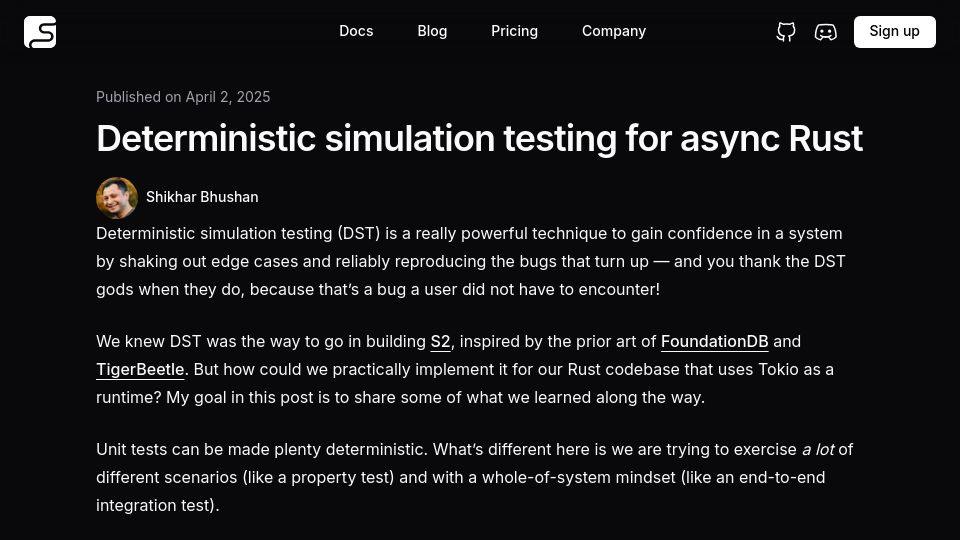Screenshot of s2.dev: Deterministic simulation testing for async Rust