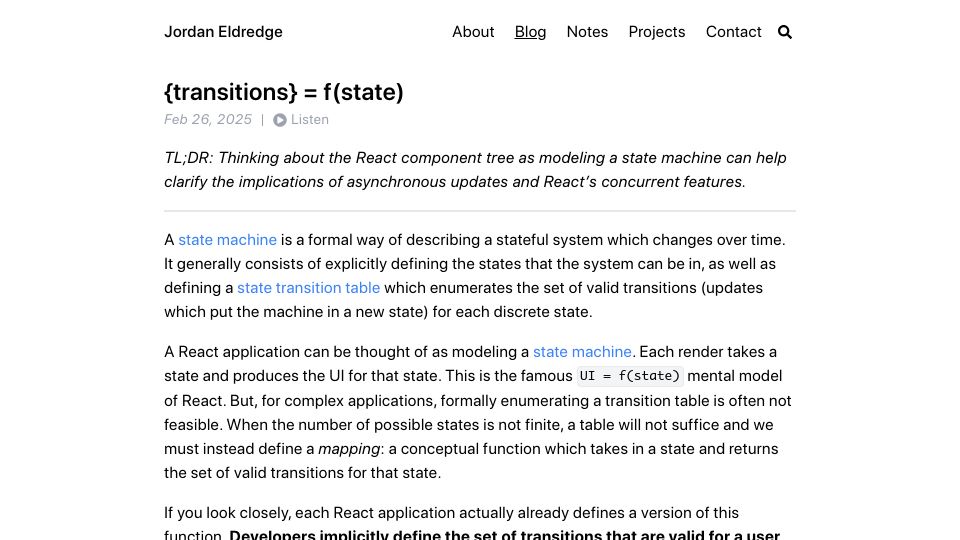 Screenshot of jordaneldredge.com: In React {Transitions} = F(state)