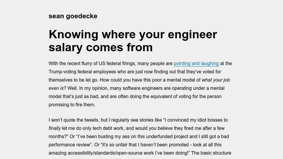 Screenshot of seangoedecke.com: Knowing where your engineer salary comes from