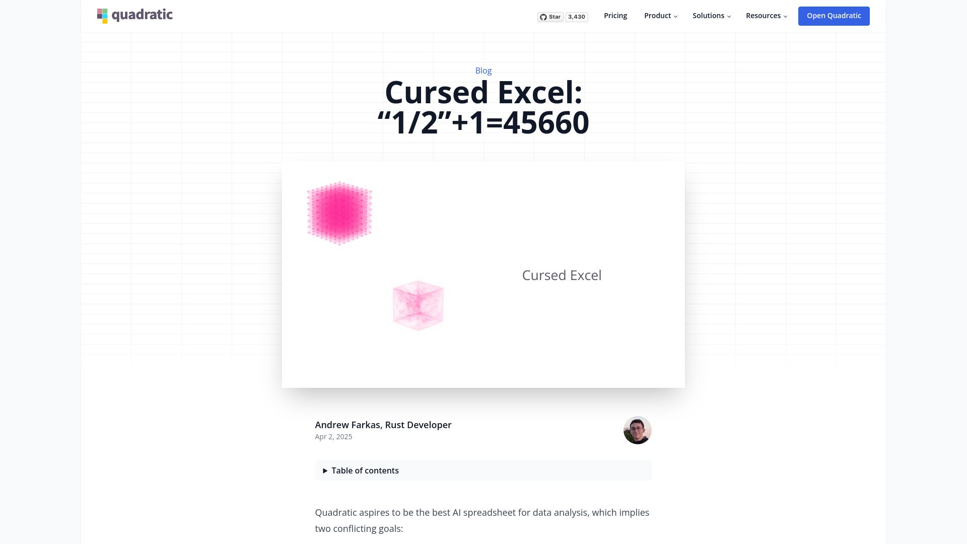 Screenshot of quadratichq.com: Cursed Excel: "1/2"+1=45660