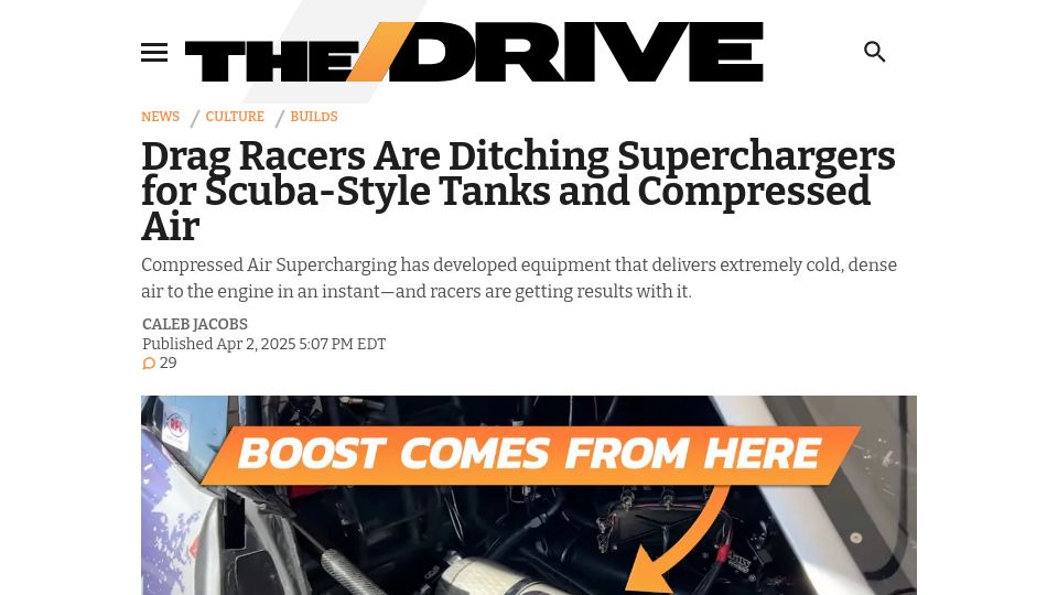 Screenshot of thedrive.com: Drag racers are ditching superchargers for scuba-style tanks and compressed air