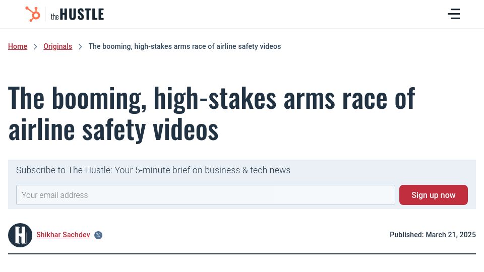 Screenshot of thehustle.co: The booming, high-stakes arms race of airline safety videos