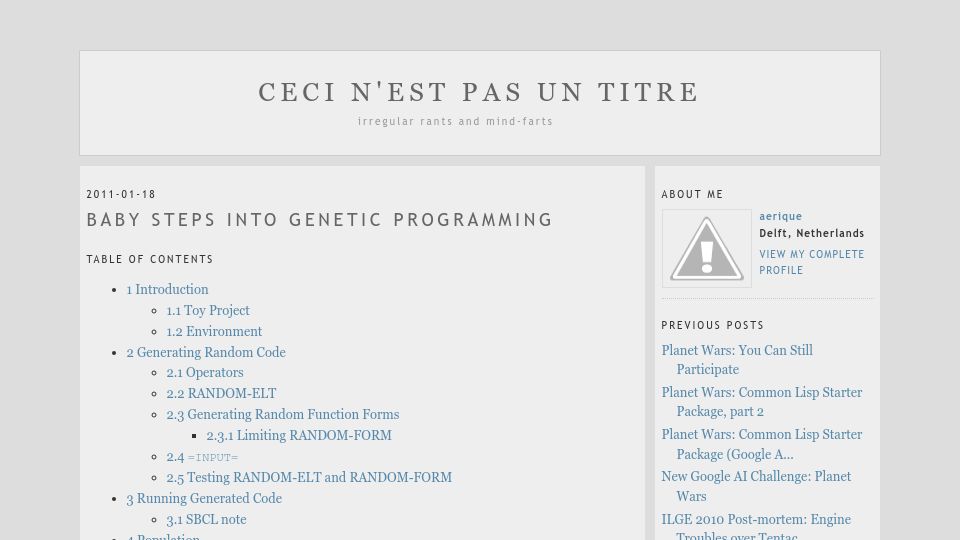 Screenshot of aerique.blogspot.com: Baby Steps into Genetic Programming