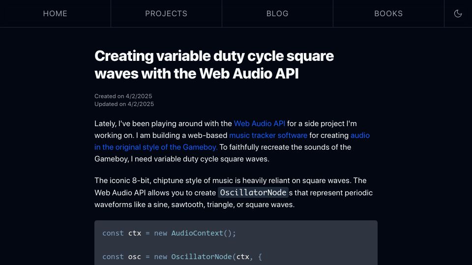 Screenshot of danblack.co: Variable duty cycle square waves with the Web Audio API