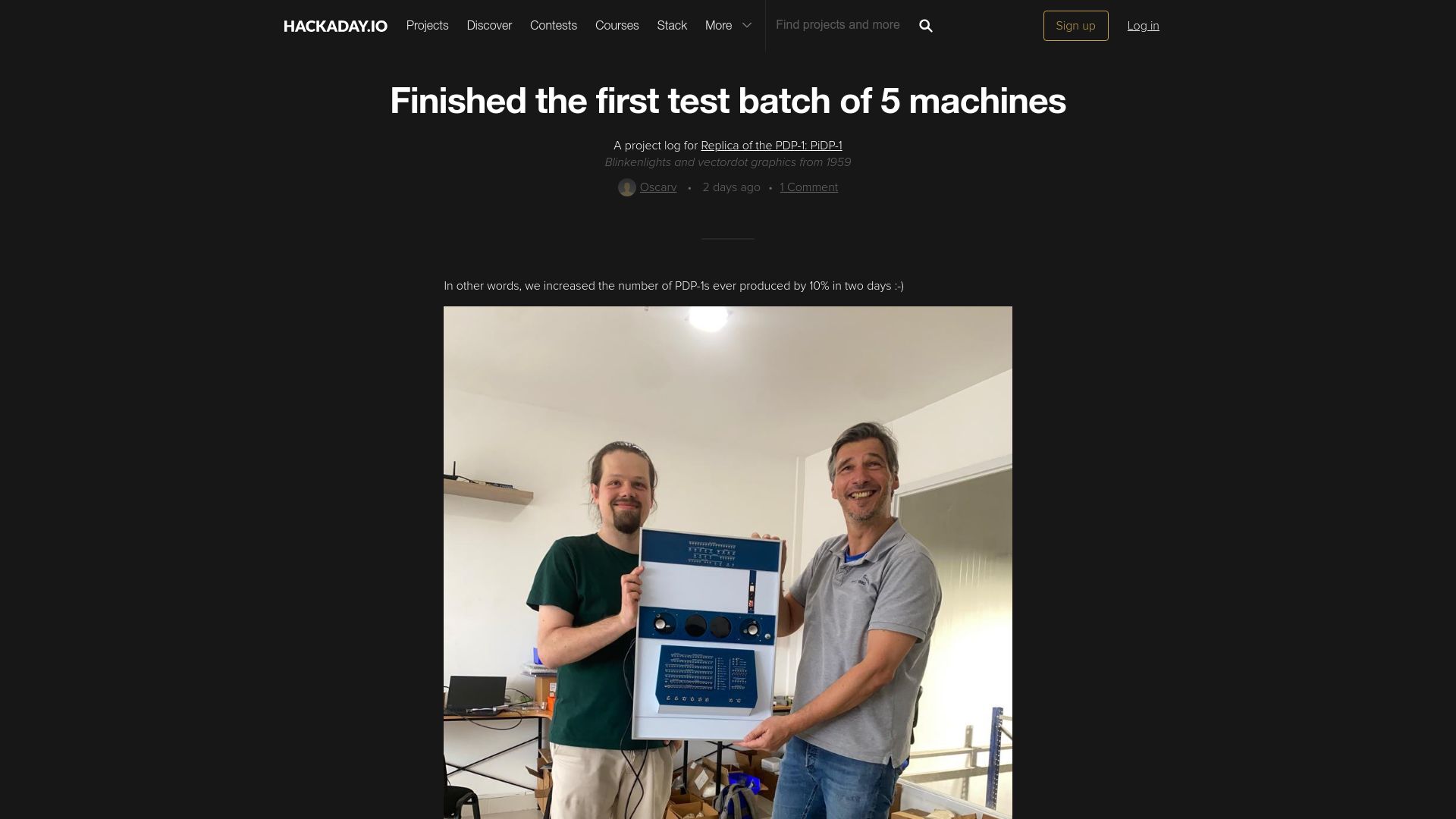 Screenshot of hackaday.io: PiDP-1, or the rebirth of an old machine