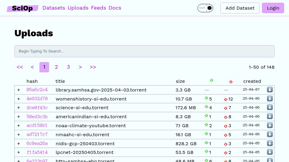 Screenshot of sciop.net: SciOp torrents: download, seed erased US Gov sites and datasets
