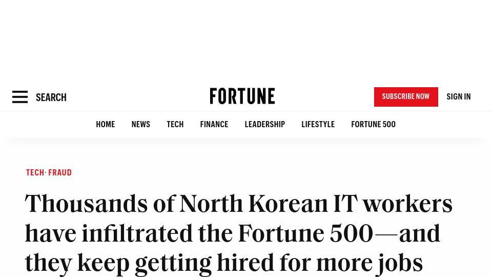 Screenshot of fortune.com: North Korean IT workers have infiltrated the Fortune 500