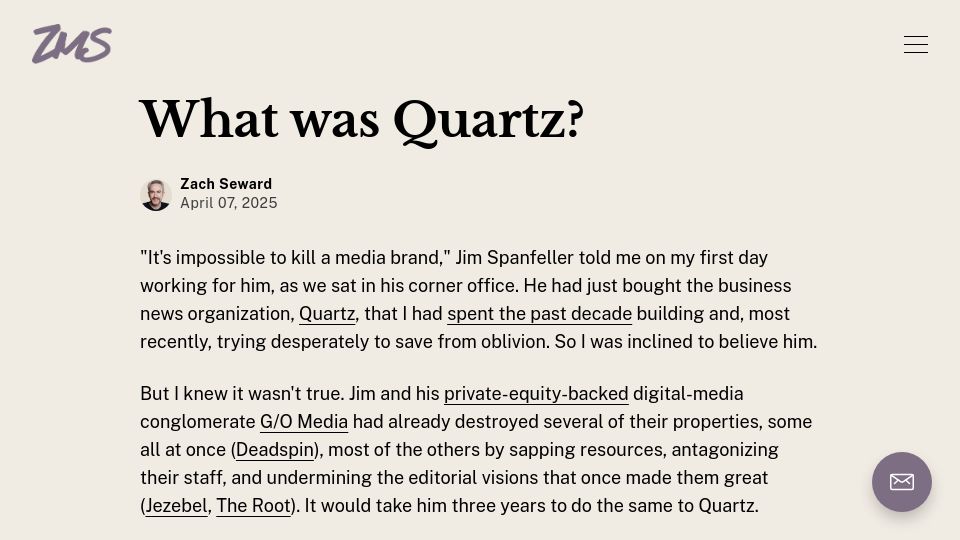 Screenshot of zachseward.com: What Was Quartz?