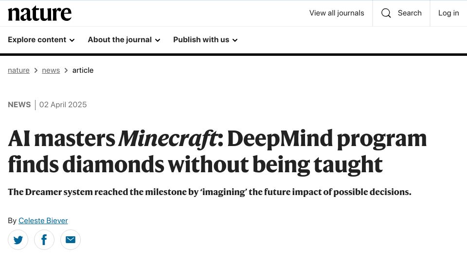 Screenshot of nature.com: DeepMind program finds diamonds in Minecraft without being taught