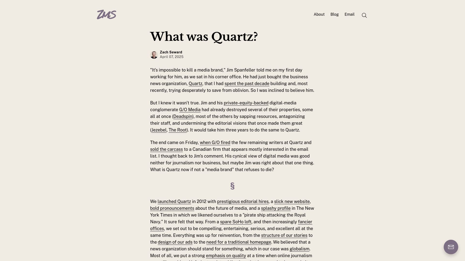 Screenshot of zachseward.com: What Was Quartz?