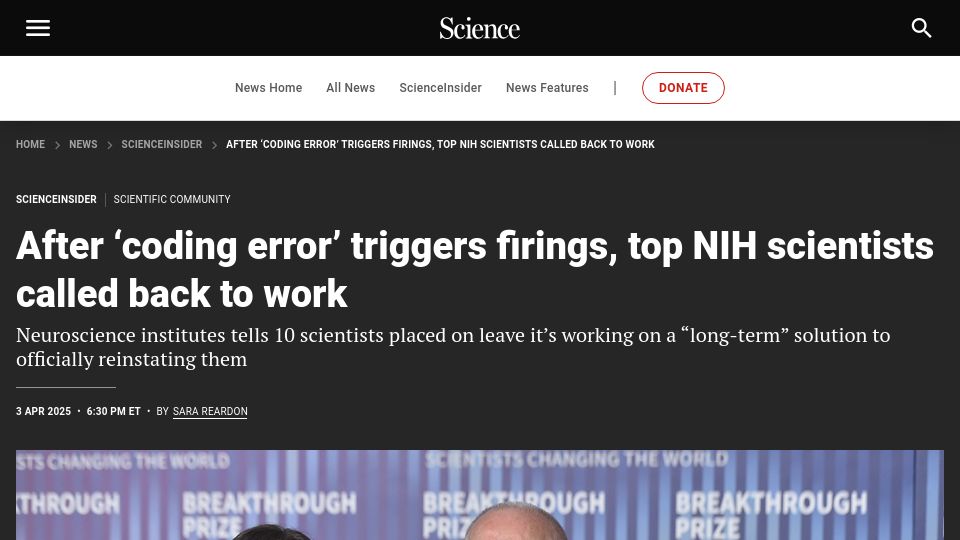 Screenshot of science.org: After 'coding error' triggers firings, top NIH scientists called back to work