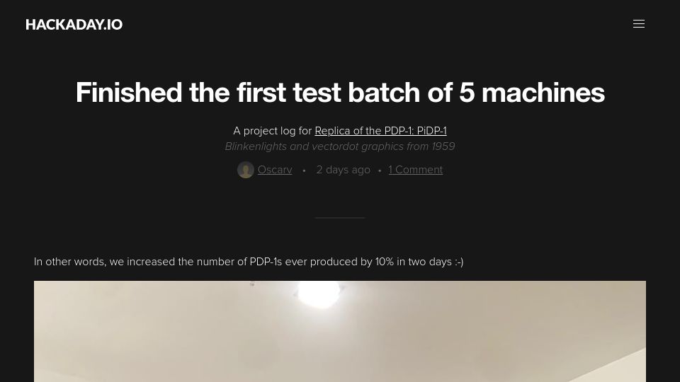 Screenshot of hackaday.io: PiDP-1, or the rebirth of an old machine