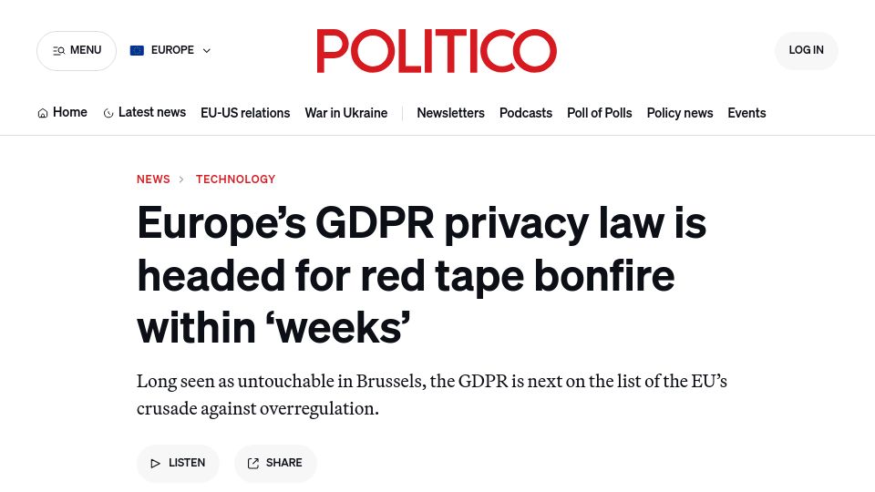 Screenshot of politico.eu: Europe's GDPR privacy law is headed for red tape bonfire within 'weeks'